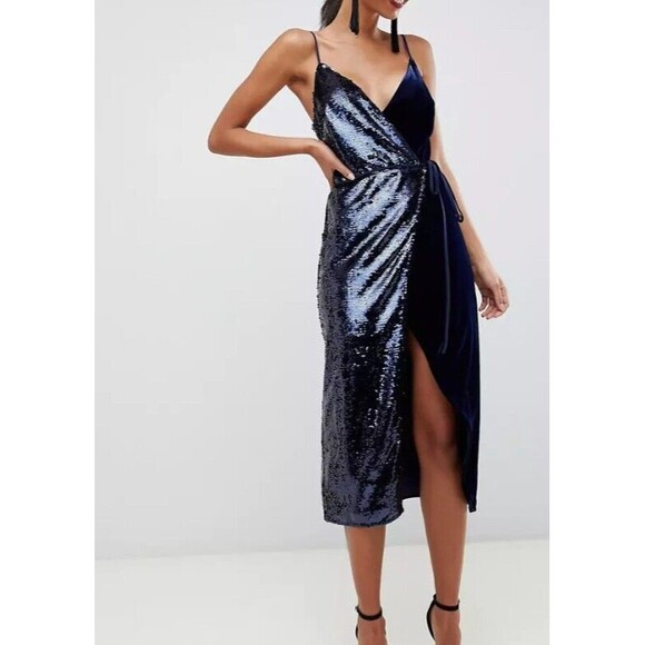 ASOS Dress Women's 4 Blue Sequin Velvet Cami Wrap MIDI Dress - Picture 1 of 7